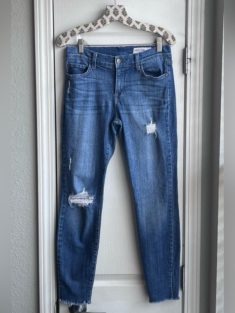 PISTOLA Audrey Distressed Mid Rise Skinny Raw Hem Ankle Jeans Blue Wash Size 28